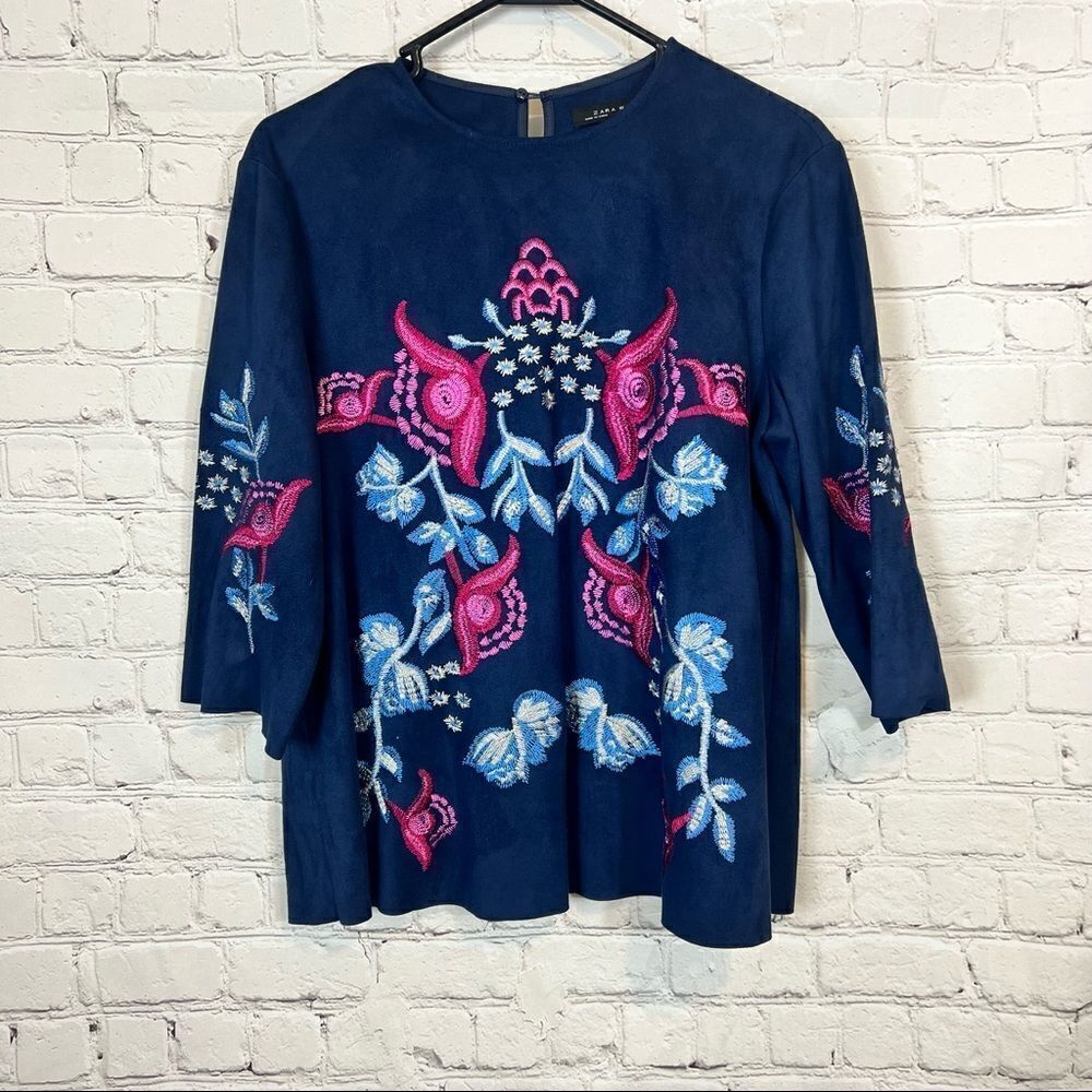 Zara Women’s Size Small Navy Blue Faux Suede Embroidered Swing Top